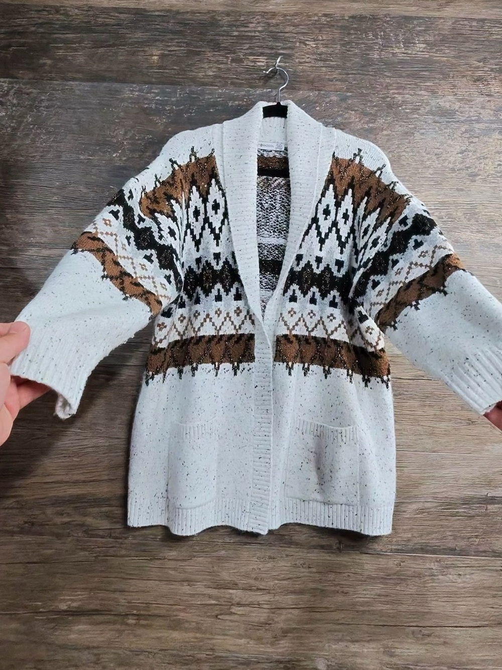 89th & Madison Cream Fair Isle Open Cardigan with Brown & Black Pattern